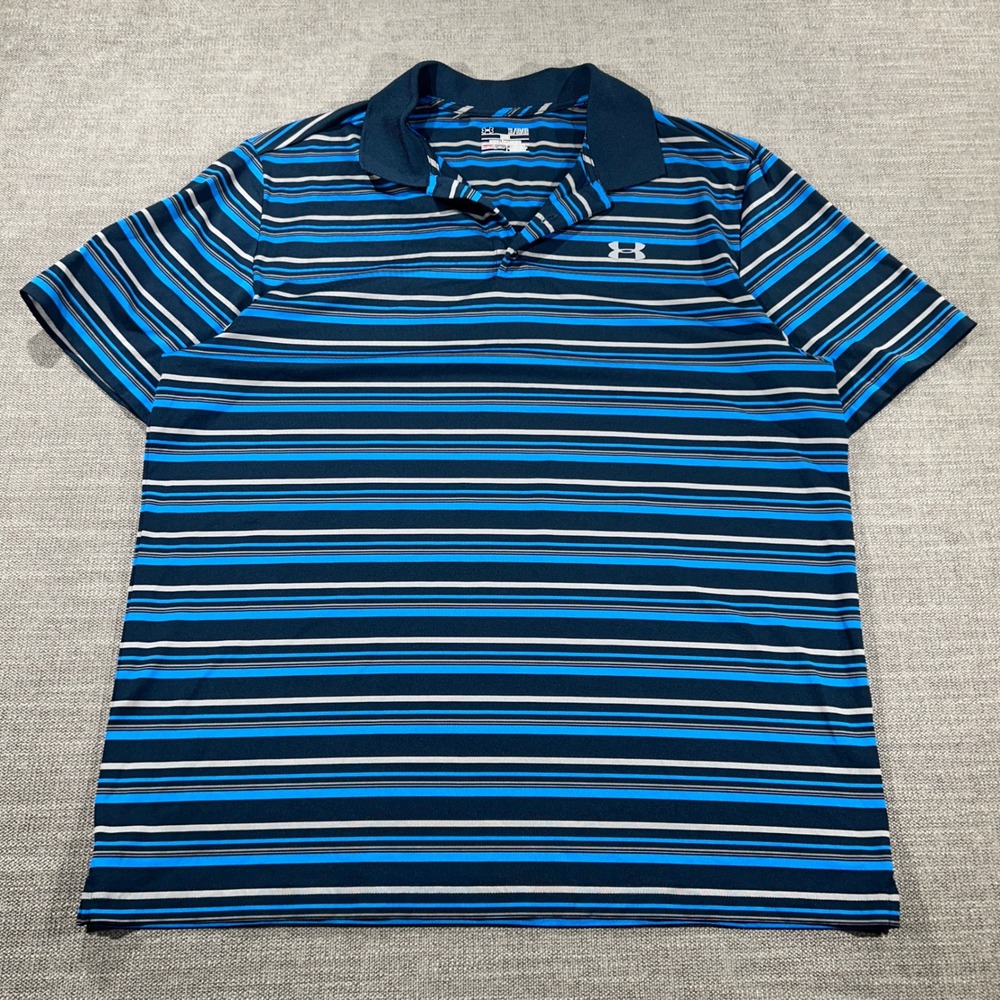 Under Armour Polo Shirt Mens XL Blue Excellent HeatGear Striped Loose Fit‎ Golf